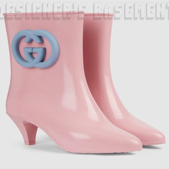 GUCCI 37 pink GENE blue Interlocking G logo rubber ankle RAINBOOT Booties 724458 - Picture 3 of 10